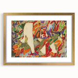 Extra large abstract art print in textured gold frame, featuring vibrant avant-garde design, ideal for living room decor.