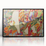 Large abstract wall art in mid-century modernist style, featuring geometric shapes in blue and beige.