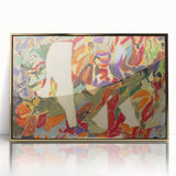 Mid-century modernist art print of abstract shapes in warm gold and brown tones, framed acrylic, ideal for nursery wall art.