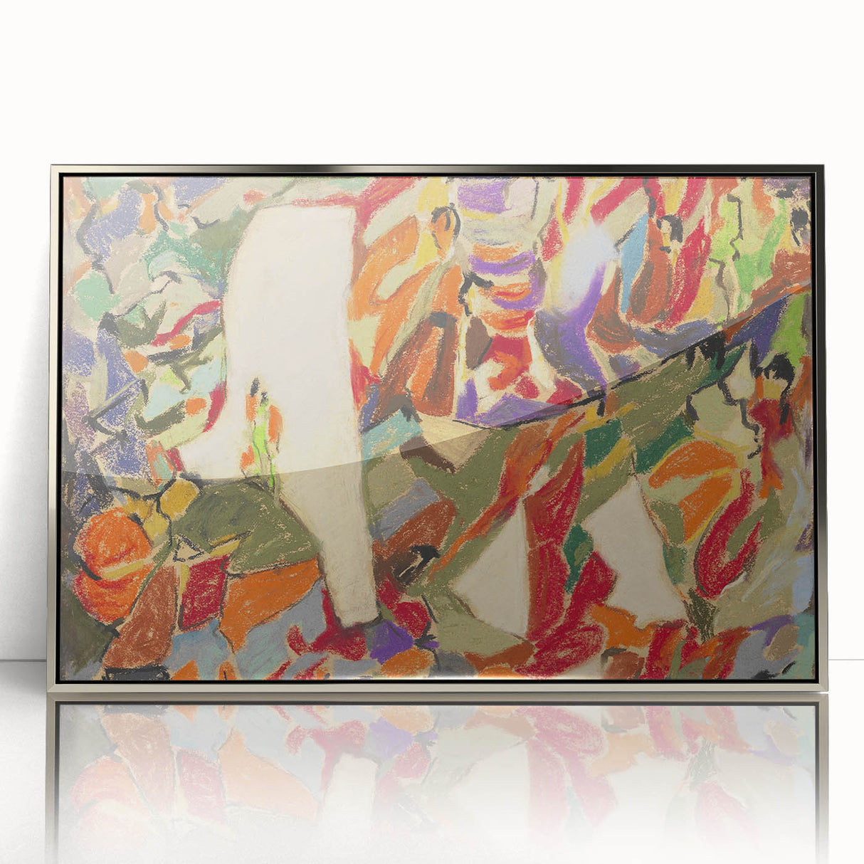 Mid-century modernist art by Adolf Holzel, featuring geometric shapes in muted colors on a framed acrylic.