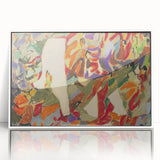 Art Deco poster of geometric shapes in muted blues and pinks on white acrylic, ideal for nursery wall art.