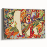 Framed canvas of a vintage landscape art painting featuring colorful abstract forms against a black background.