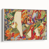 Vintage poster art of an abstract design in vibrant colors on a large framed canvas, suitable for living room decor.