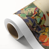 Art deco poster featuring geometric shapes in muted blues and pinks on rolled canvas, ideal for nursery wall art.