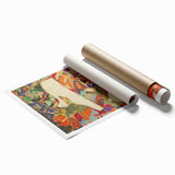 Extra large rolled print depicting abstract floral art in muted pastel shades.