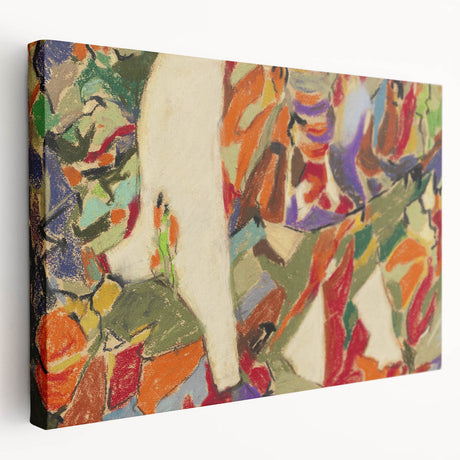 Side view of a large stretched canvas featuring an abstract design by Adolf Holzel in muted blues and oranges.