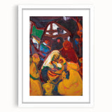 Abstract art print featuring swirling forms in muted blues and greens on a framed white mat.