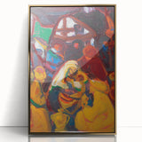 Mid-century modernist large art print in gold and blue tones, acrylic framed, suitable for nursery or modern decor.