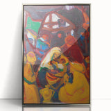 Mid-century modernist art by Adolf Holzel, featuring geometric shapes in muted colors on a silver-framed acrylic print.