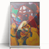 Art deco poster of abstract geometric shapes in muted blues and whites on acrylic, ideal for modern nursery wall art.