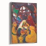 Landscape art painting featuring a colorful abstract design on a black background in a silver frame.