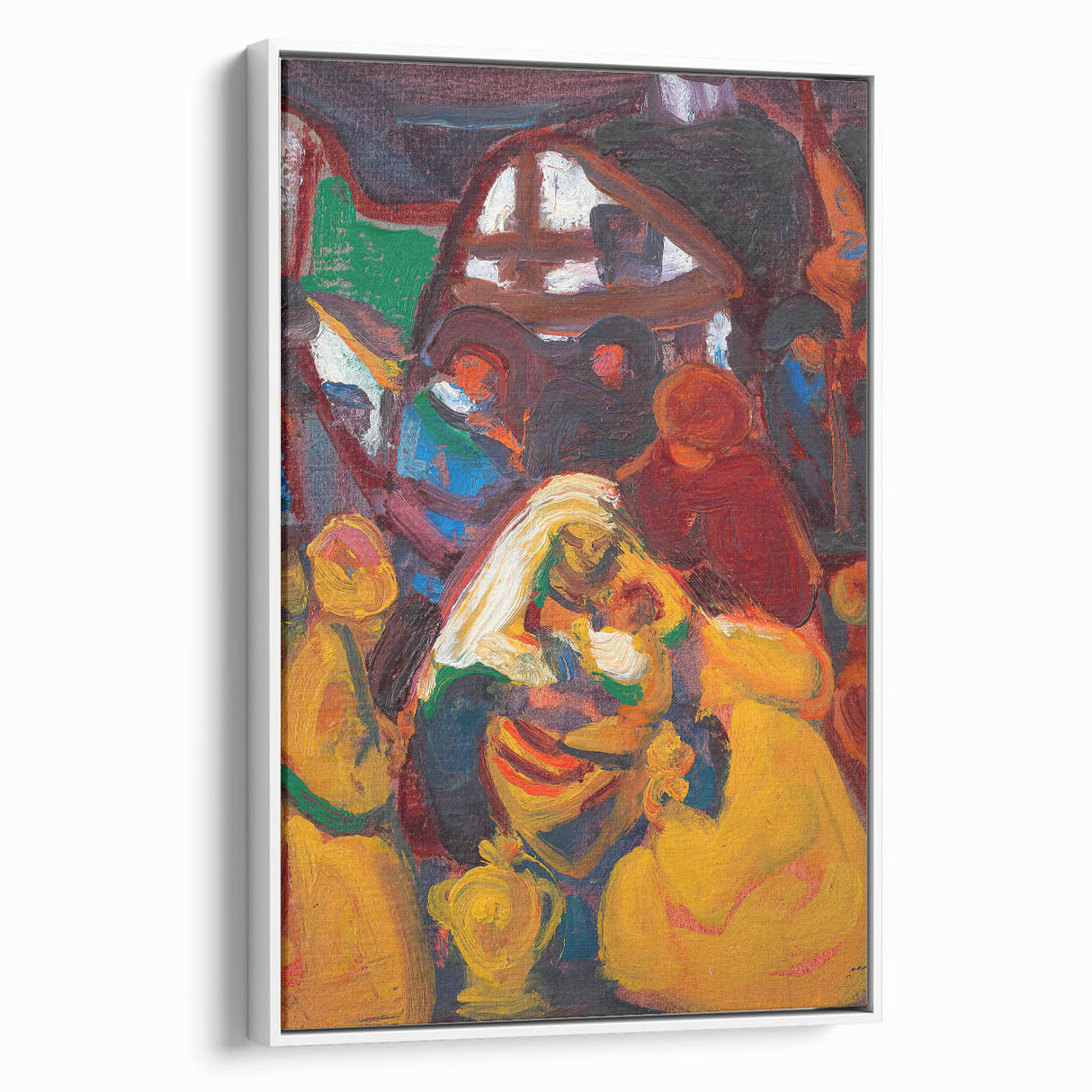 Vintage poster art by Adolf Holzel featuring abstract shapes in vibrant colors, framed canvas, ideal for living room decor.