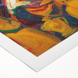 Art deco poster featuring geometric shapes in muted gold and blue tones on rolled canvas, suitable for dining room wall art.