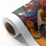 Art Deco poster featuring geometric patterns in muted gold and blue on rolled canvas.