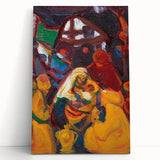 Large black and white abstract print on stretched canvas featuring geometric shapes.