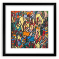 Colorful abstract art print featuring vibrant, textured brushstrokes on a large black-framed canvas.