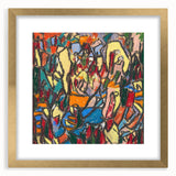 Extra large abstract art print featuring textured designs in gold and blue tones on a framed canvas.