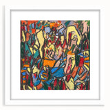 Abstract art print featuring geometric shapes in muted blues and grays on a white framed canvas.