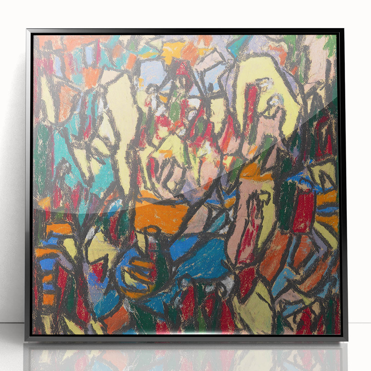 Large abstract wall art featuring geometric shapes in muted hues, framed in black acrylic, ideal for modern art wall decor.