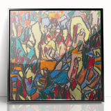 Large abstract wall art featuring geometric shapes in muted hues, framed in black acrylic, ideal for modern art wall decor.