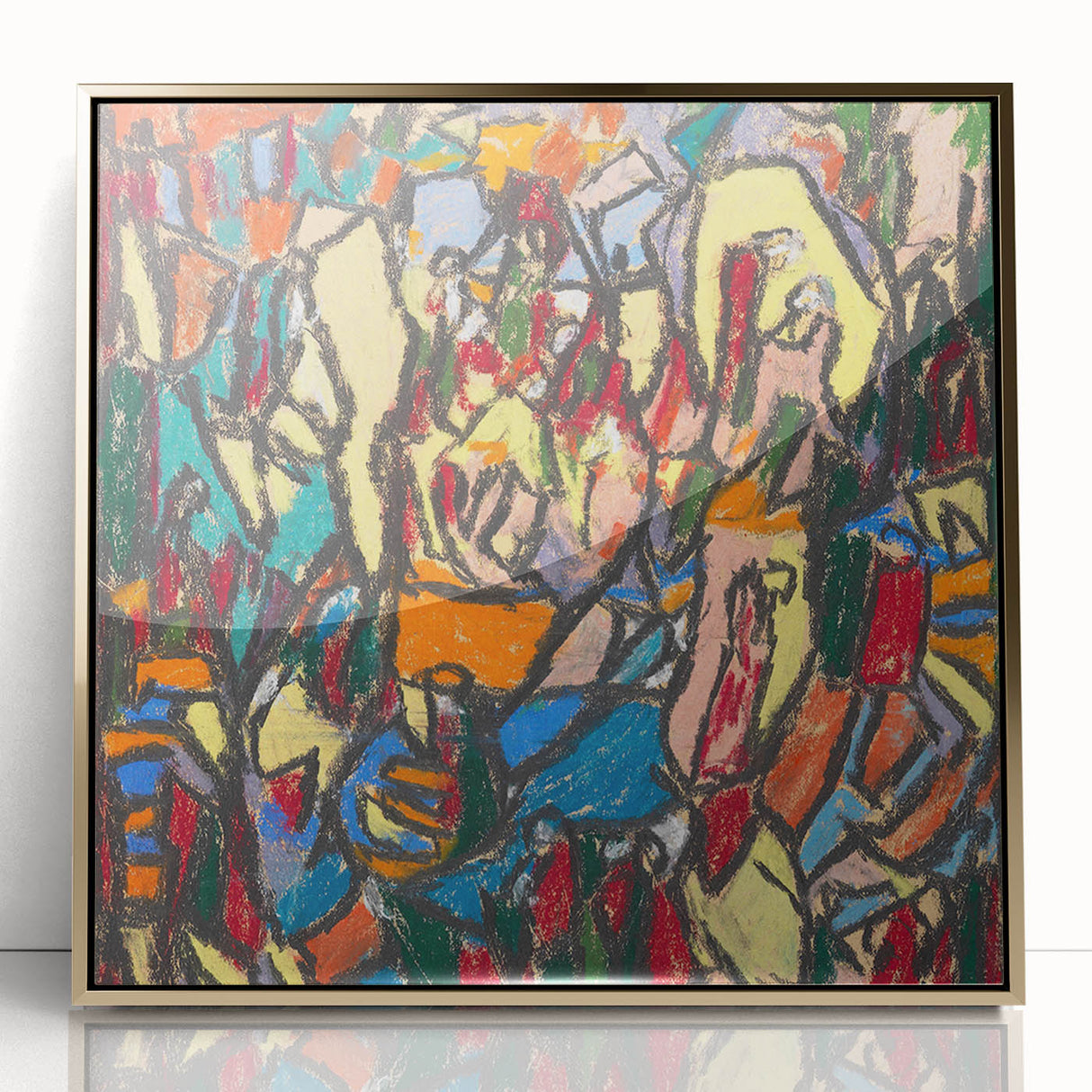 Mid-century modernist art print on acrylic in a gold frame, featuring geometric shapes in bold colors.