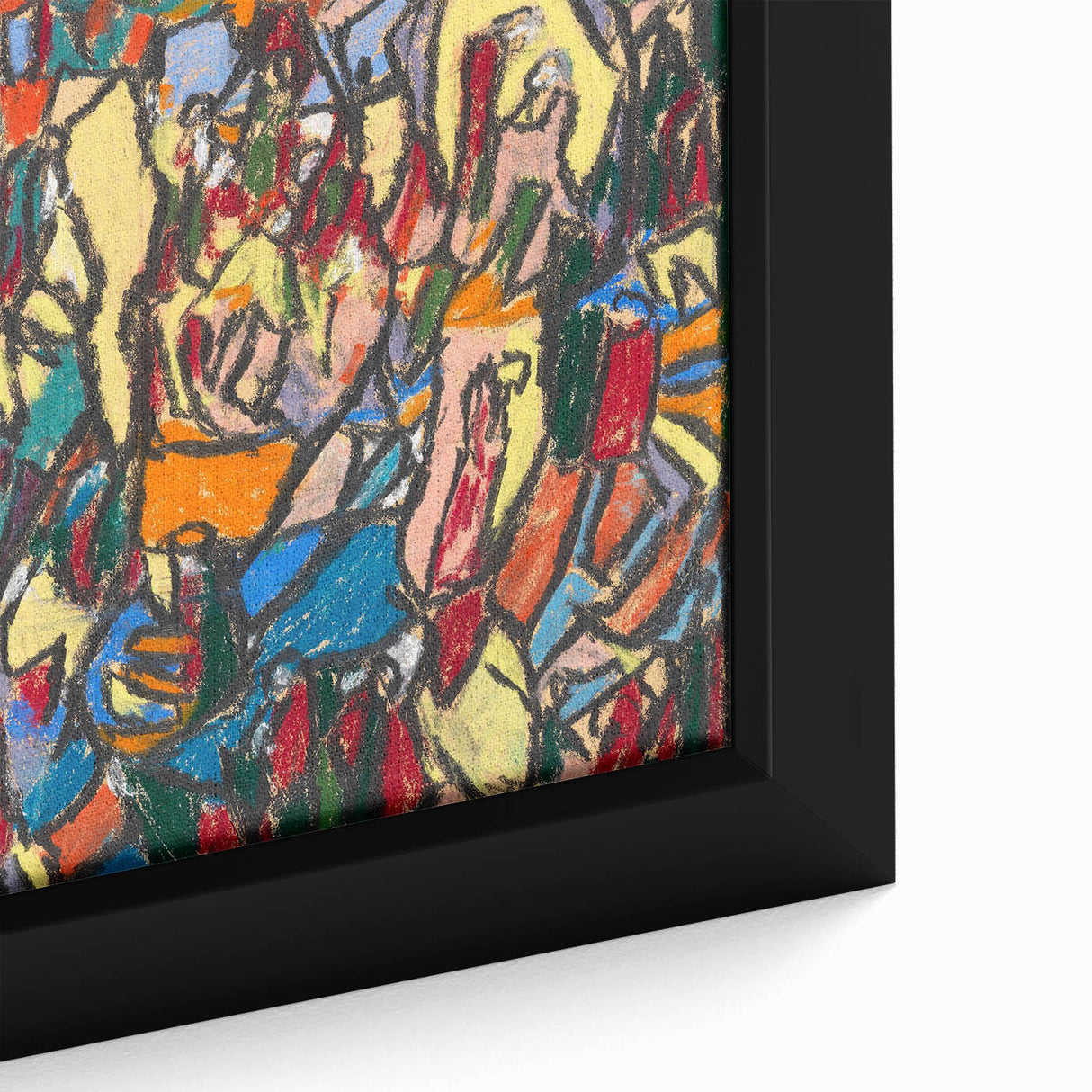 Extra large framed canvas featuring a textured, colorful abstract design on a black background, ideal for living room decor.