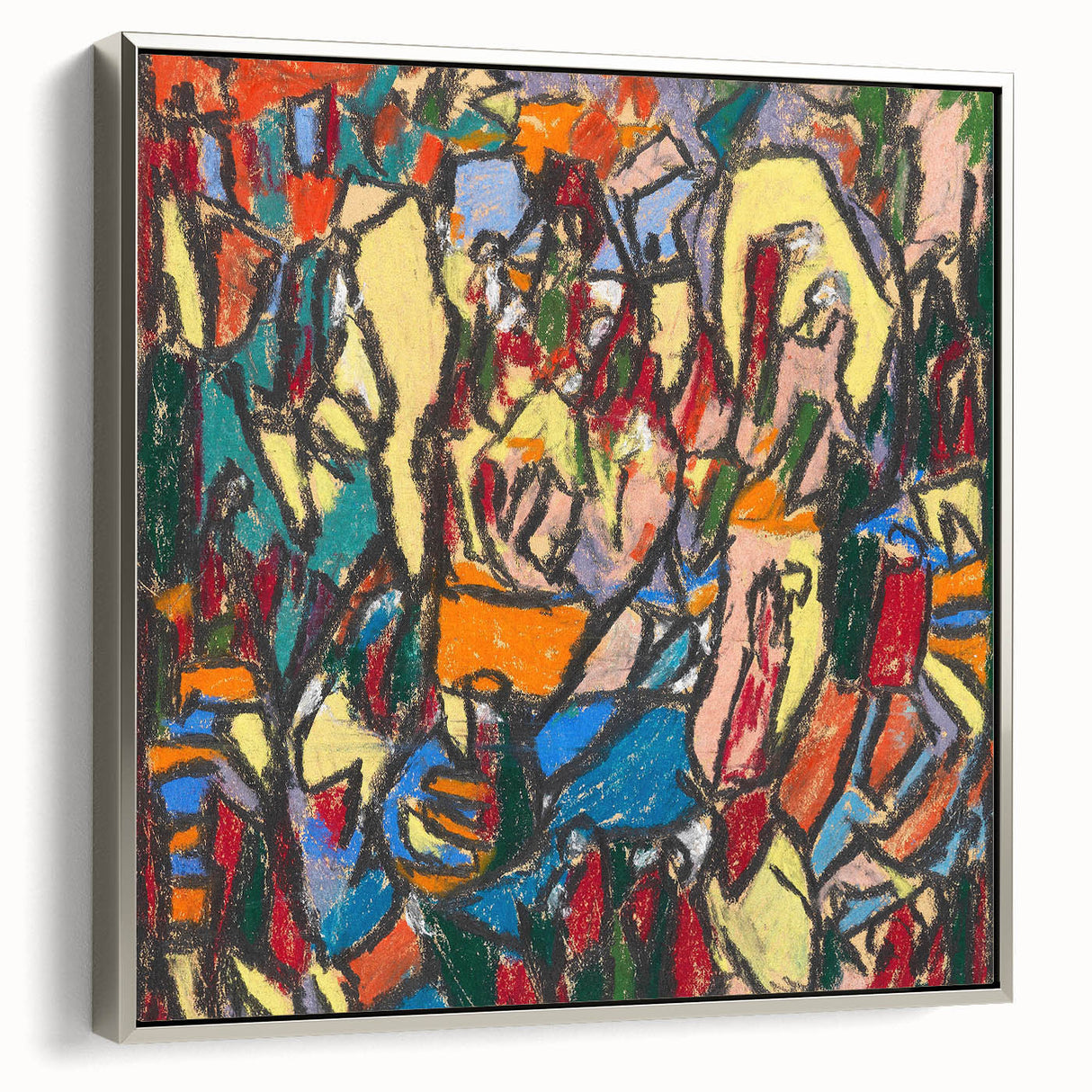Framed canvas of a colorful, vintage-style landscape painting with a silver frame.