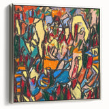 Framed canvas of a colorful, vintage-style landscape painting with a silver frame.