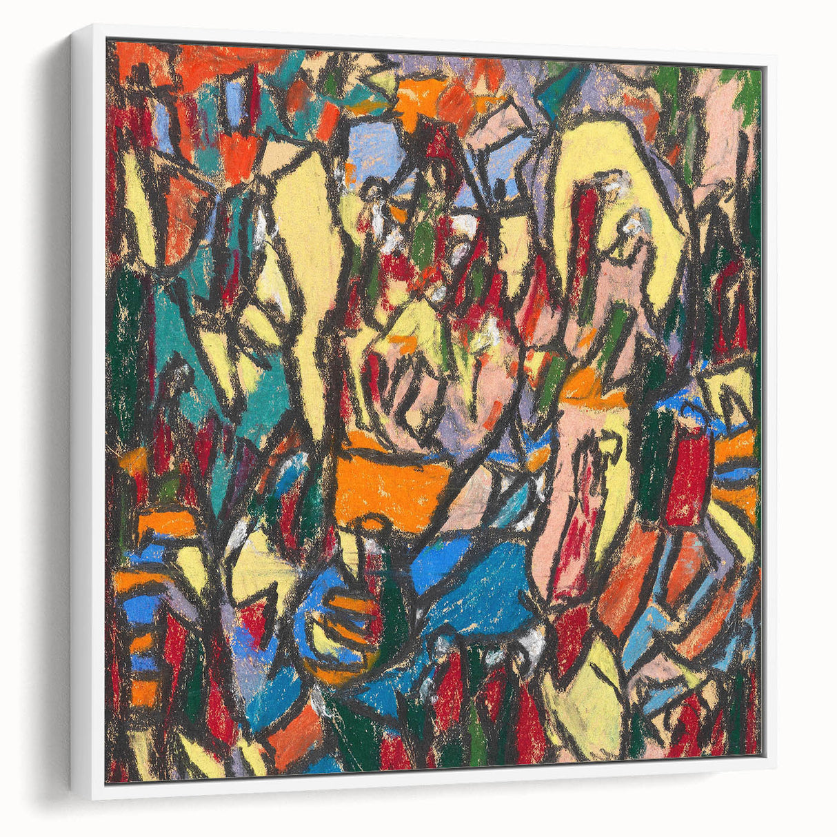 Vintage poster art featuring an abstract design in colorful shades on a white framed canvas, ideal for living room decor.