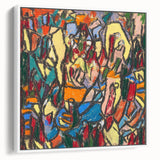 Vintage poster art featuring an abstract design in colorful shades on a white framed canvas, ideal for living room decor.