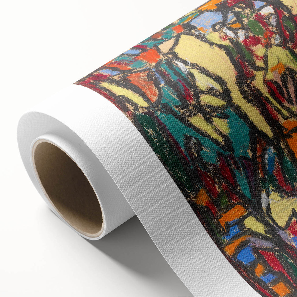 Art Deco poster featuring geometric shapes and bold colors on rolled canvas.