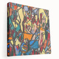 Abstract design by Adolf Holzel in muted blue and cream tones on a stretched canvas, suitable for kitchen wall art.