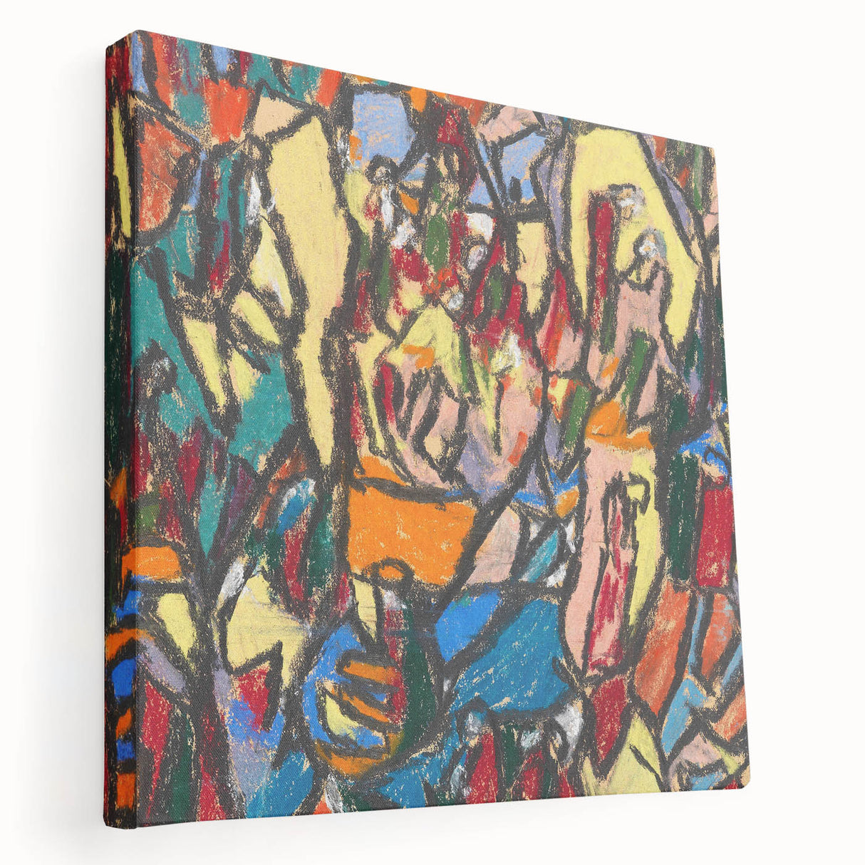 Abstract design by Adolf Holzel in muted blue and cream tones on a stretched canvas, suitable for kitchen wall art.
