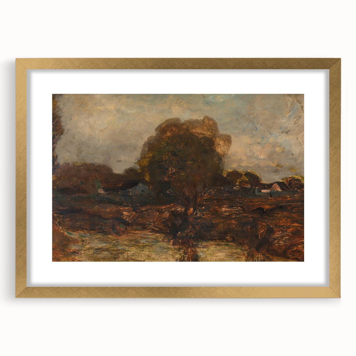 Extra large abstract art print featuring textured design in muted earth tones, framed in gold, ideal for living room decor.