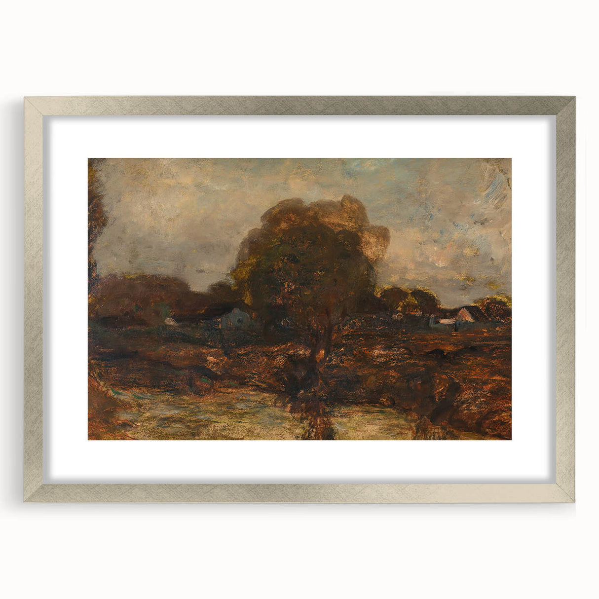 Textured abstract art print in muted earth tones on a silver-framed canvas, ideal for bedroom art.