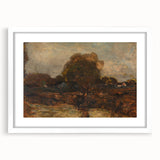 Abstract art print featuring geometric shapes in muted blue and gray tones on a white framed canvas.