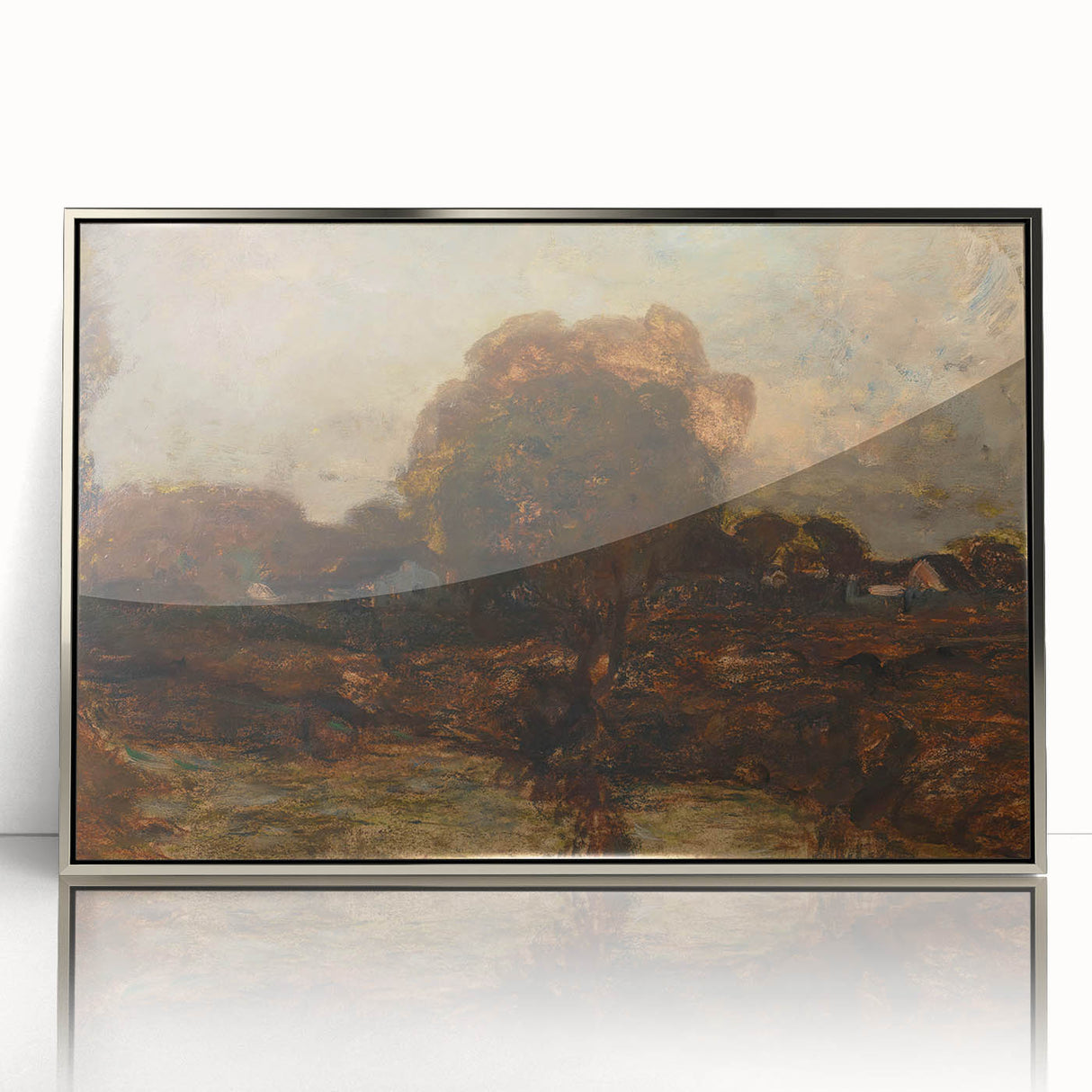 Mid-century modernist art deco poster with abstract shapes in muted earth tones, acrylic print in a silver frame.