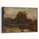 Black and white vintage poster art of a minimalist landscape on framed canvas, ideal for bedroom decor.