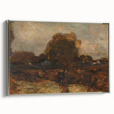 Framed canvas print of a colorful, abstract landscape painting in a vintage style, ideal for enhancing a modern living room.