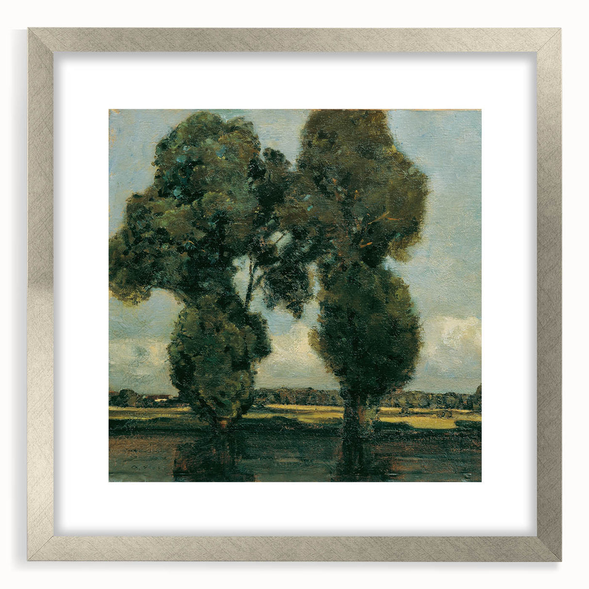Textured abstract art print in muted gray and blue tones, showcased in a silver frame with mat, suitable for bedroom decor.