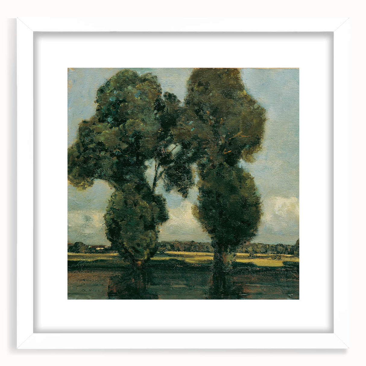 Abstract art print featuring geometric shapes in muted blue and cream, framed in white.