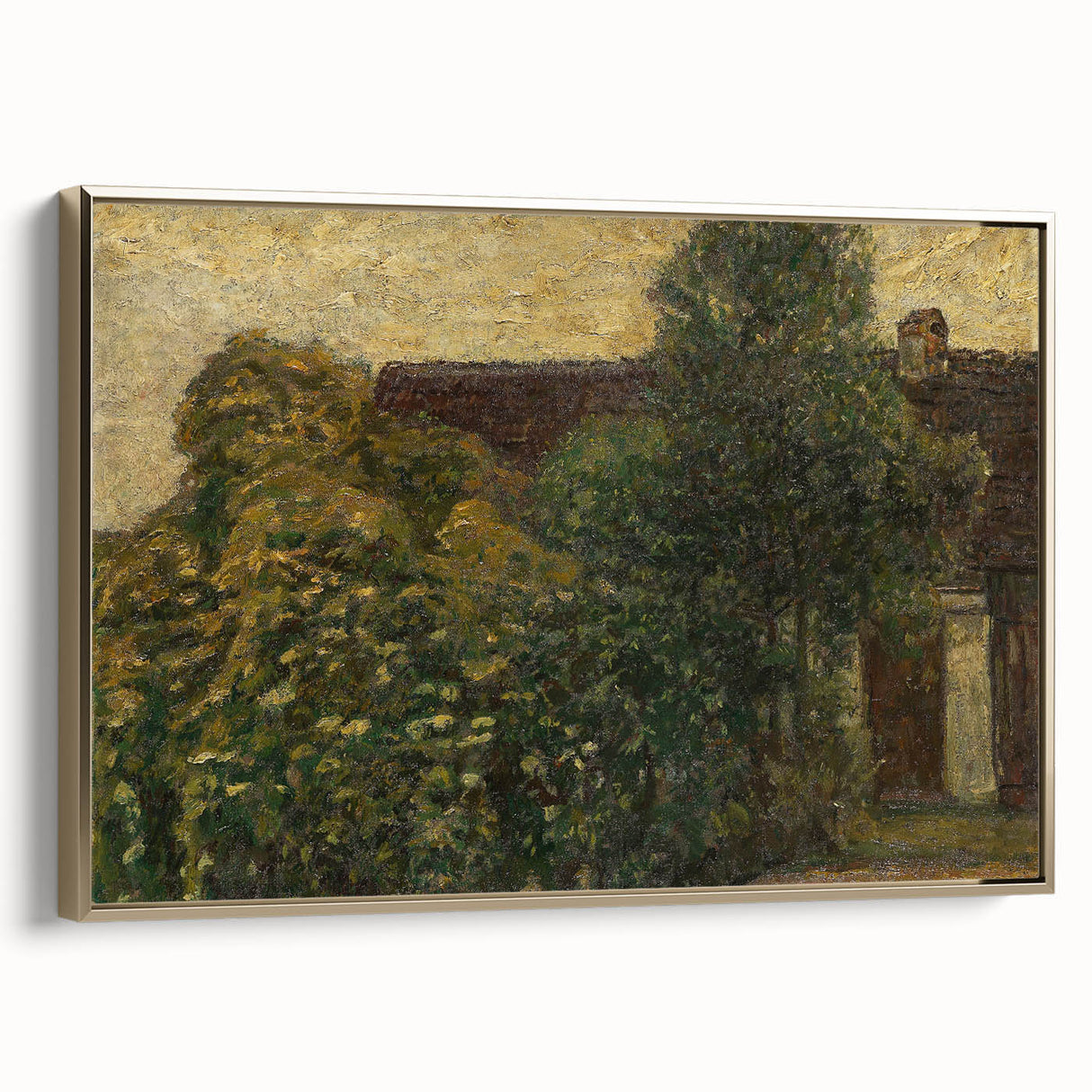 Framed canvas featuring a vintage landscape painting in muted black and gold tones, ideal for bedroom wall art.