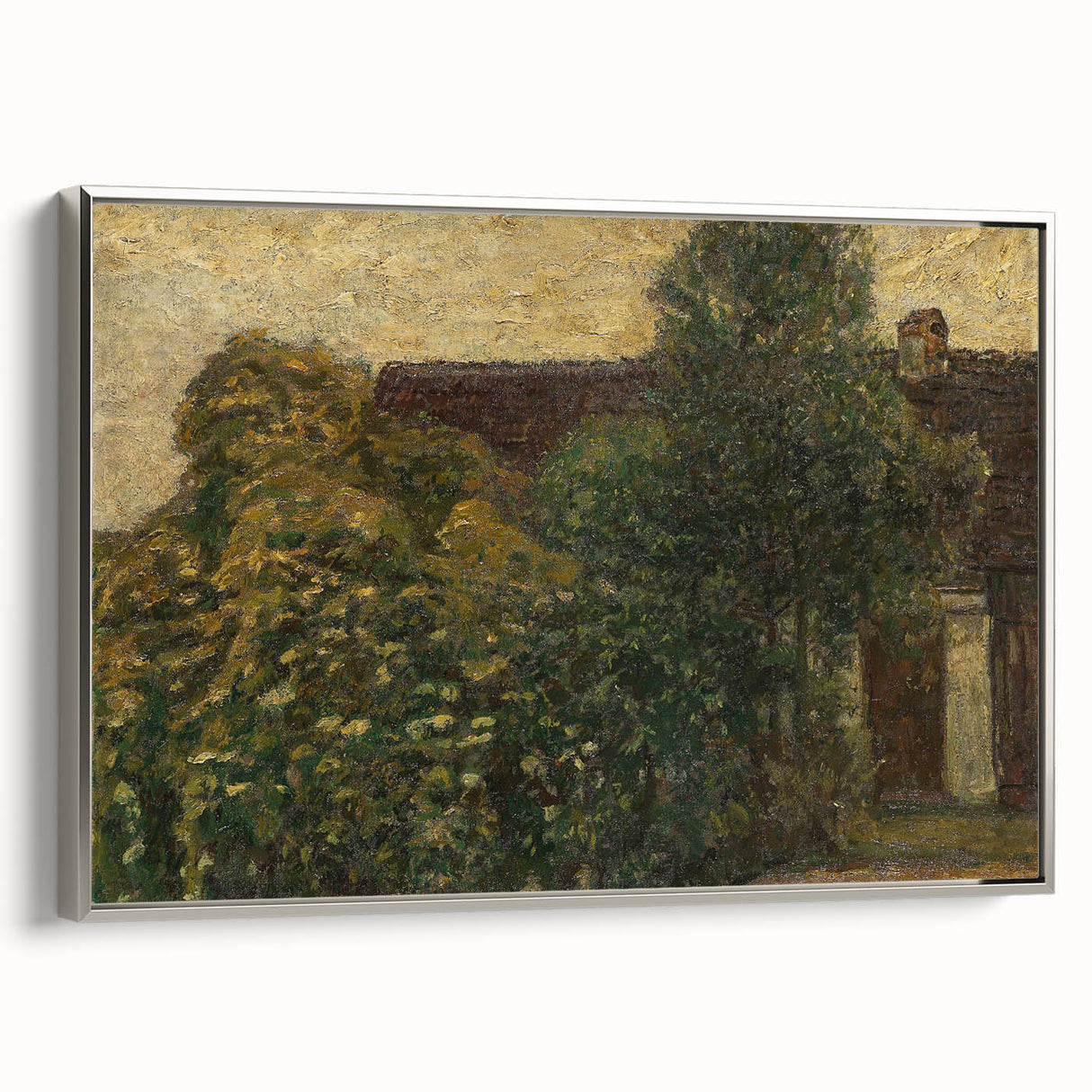 Framed canvas depicting a vintage-style landscape with colorful abstract elements.