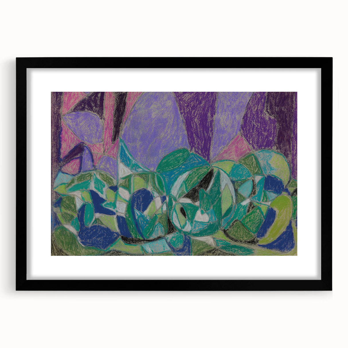 Extra large abstract art print featuring textured, colorful shapes on a black framed canvas, ideal for living room decor.