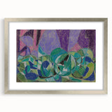 Textured abstract art print in muted blue and grey, framed in silver, suitable for bedroom decor.