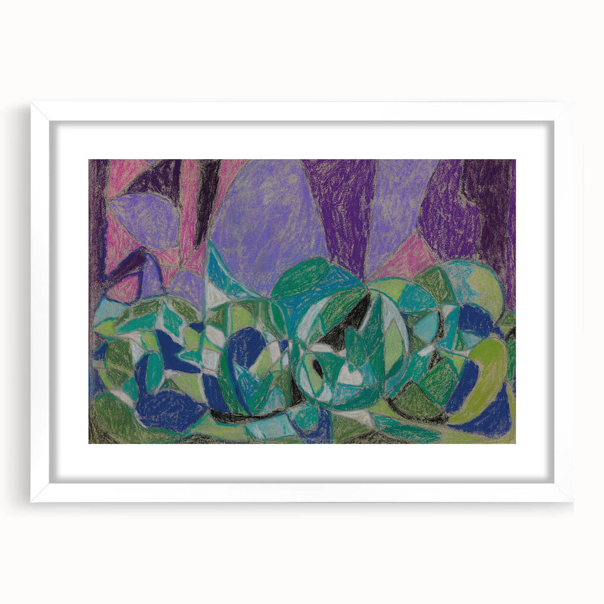 Abstract art print featuring geometric shapes in a muted color palette on a white framed canvas.