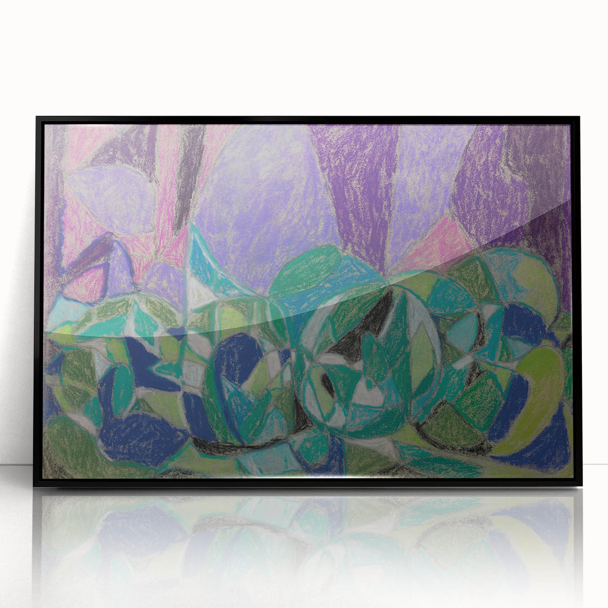 Large abstract wall art depicting geometric shapes in muted earth tones, framed in black acrylic.