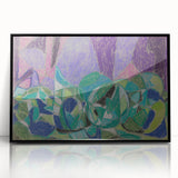 Large abstract wall art depicting geometric shapes in muted earth tones, framed in black acrylic.
