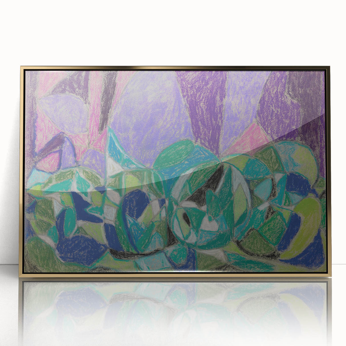 Mid-century modernist art print in muted gold and blue tones, framed acrylic, ideal for nursery wall decor.