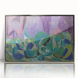 Mid-century modernist art by Adolf Holzel featuring abstract shapes in muted colors on a framed acrylic.